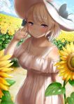  1girl absurdres alternate_costume azur_lane bare_shoulders blue_sky blurry blush bow casual cloud cloudy_sky collarbone commentary_request contemporary depth_of_field dress earrings flower hair_bow hair_ribbon hat highres iron_cross jewelry looking_at_viewer parted_lips purple_eyes ribbon shade short_hair silver_hair sky smile solo summer sun_hat sunflower white_dress yamataka z23_(azur_lane) 