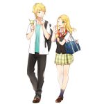  1boy 1girl backpack bag bag_charm black_pants black_vest blonde_hair bookbag brother_and_sister brown_footwear charm_(object) eye_contact food green_eyes green_skirt holding holding_spoon ice_cream ice_cream_cone index_finger_raised looking_at_another maruyama_hari official_art one_eye_closed pants plaid plaid_skirt rakkami! siblings skirt spoon vest 