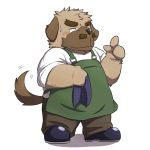  1:1 2014 anthro apron belly blush bottomwear brown_body brown_fur canid canine canis clothing domestic_dog emufu fur kemono male mammal overweight overweight_anthro overweight_male pants shirt simple_background solo topwear white_background 