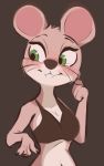  anthro blush brown_background buckteeth female fur green_eyes half-length_portrait hi_res mammal midriff mouse murid murine navel portrait rodent simple_background smile solo teeth tohupo 