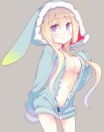  1girl animal_hood arched_back arm_behind_back bangs blonde_hair blue_eyes breasts bunny_hood cowboy_shot eyebrows_visible_through_hair hood hoodie long_sleeves looking_at_viewer medium_breasts navel original sleeves_past_wrists solo standing unzipped wavy_mouth yamadori_yoshitomo 