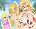  3girls ;p animal_print armpits arms_up bikini blonde_hair blue_eyes blush breasts cow_print elbow_gloves gloves green_eyes highres large_breasts long_hair looking_at_viewer medium_breasts multiple_girls navel one-piece_swimsuit one_eye_closed pink_swimsuit pointy_ears princess_zelda slingshot_swimsuit slugbox swimsuit tears the_legend_of_zelda the_legend_of_zelda:_a_link_between_worlds the_legend_of_zelda:_breath_of_the_wild the_legend_of_zelda:_the_wind_waker tongue tongue_out white_gloves yellow_swimsuit 