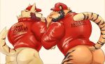  anthro beastsauc3 big_butt bottomless butt canid canine canis clothed clothing delivery_(commerce) duo facial_hair felid food_delivery hybrid looking_at_viewer looking_back male male/male mammal muscular muscular_male pantherine pizza_delivery tiger wolf 