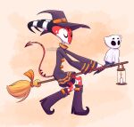 2021 absurd_res avian bedsheet_ghost bird blitzo_(helluva_boss) boots broom candle cleaning_tool clothing cosplay demon dress duo eyes_closed feathers feral feralized footwear halloween hat headgear headwear hellaverse helluva_boss hi_res high_heeled_boots high_heels holidays horn humanoid imp lamp lantern magic_user male markings norithelord owl red_body red_skin shoes simple_background smile spade_tail spotted_legs stolas_(helluva_boss) striped_horn stripes tail tail_feathers white_markings witch witch_broom witch_costume witch_hat