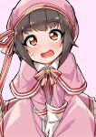 1boy ayumu_(fun_bo) blush brown_hair capelet cardcaptor_sakura commentary_request cosplay crossdressing crossdressing_(mtf) dress embarrassed from_above fun_bo hat hat_ribbon highres kinomoto_sakura kinomoto_sakura_(cosplay) kinomoto_sakura_(silk_ribbon) open_mouth original pink_background pink_capelet pink_dress pink_hat red_eyes ribbon short_hair simple_background solo sweatdrop two-tone_ribbon white_dress wide-eyed 
