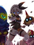  1girl bangs black_bodysuit black_hairband blue_eyes bodysuit bodysuit_under_clothes collared_shirt commentary_request covered_navel falinks gen_8_pokemon glint gloves glowing glowing_eyes grapploct grey_hair gym_leader hair_between_eyes hairband highres holding holding_poke_ball knee_pads looking_at_viewer ooike_teru poke_ball pokemon pokemon_(creature) pokemon_(game) pokemon_swsh print_shirt print_shorts rock saitou_(pokemon) shirt short_hair shorts single_glove tied_shirt ultra_ball 
