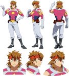 1boy abs brown_hair character_sheet clenched_hand gundam gundam_build_divers gundam_build_divers_re:rise headband highres multiple_views muscle official_art pointing red_headband torimachi_kazami transparent_background v yellow_eyes 