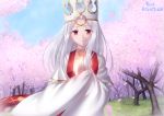  1girl blue_sky cherry_blossoms closed_mouth collarbone cosplay crown day dress eyebrows_visible_through_hair eyelashes fate/grand_order fate/stay_night fate_(series) floating_hair gyatto624 hair_intakes highres illyasviel_von_einzbern irisviel_von_einzbern irisviel_von_einzbern_(caster) irisviel_von_einzbern_(caster)_(cosplay) long_hair outdoors red_eyes silver_hair sky sleeves_past_fingers sleeves_past_wrists smile solo twitter_username white_dress wide_sleeves 