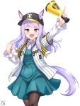  1girl absurdres animal_ears aqua_dress baseball_cap baseball_jersey black_pantyhose blush breasts casual commentary_request dress ears_through_headwear green_dress hanshin_tigers hat highres holding holding_megaphone horse_ears horse_girl horse_tail jersey layered_sleeves long_hair long_sleeves megaphone mejiro_mcqueen_(casual)_(umamusume) mejiro_mcqueen_(umamusume) open_mouth pantyhose pinafore_dress purple_eyes purple_hair purple_ribbon ribbon shirt short_over_long_sleeves short_sleeves simple_background sleeveless sleeveless_dress small_breasts smile solo tail umamusume white_background white_shirt yashimo_1875 