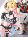  !? 1boy 2girls ahoge bare_shoulders billy_kid black_ribbon black_shorts black_thighhighs blonde_hair blush breasts chalky_(zenless_zone_zero) cissia_(zenless_zone_zero) cleavage clothed_robot clothing_cutout commentary_request cosplay fangs fingernails fur-trimmed_shorts fur_trim hair_between_eyes hair_ornament hairclip hand_on_own_hip hands_on_own_head heart heart_necklace highres humanoid_robot jacket jewelry large_breasts long_hair lying micro_shorts midriff multiple_girls navel necklace nicole_demara nicole_demara_(cosplay) on_stomach one_eye_closed open_mouth pink_hair pink_nails pom_pom_(clothes) pom_pom_hair_ornament red_hair red_jacket ribbon robot robot_boy shorts shoulder_cutout single_thighhigh snake snake_girl snake_tail strapless tail thighhighs torn_clothes torn_thighhighs tube_top uixy white_hair white_snake white_tube_top yellow_eyes zenless_zone_zero 