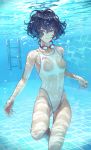  1girl air_bubble bangs barefoot breasts bubble caustics closed_mouth competition_swimsuit feet_out_of_frame frown goggles goggles_around_neck highleg highleg_swimsuit highres holding_breath looking_at_viewer one-piece_swimsuit original pool pool_ladder see-through short_hair solo submerged swimsuit underwater wavy_hair wet wet_clothes wet_swimsuit white_swimsuit yasukura_(shibu11) 