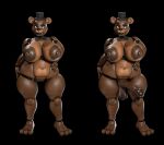 3_toes 3d_(artwork) absurd_res animatronic anthro areola balls bear big_areola big_breasts big_penis black_background black_bow_tie black_lips black_nails blue_eyes bow_tie breasts brown_balls brown_glans brown_penis clothing colored_nails crossgender curvy_figure dark_areola dark_nipples digital_media_(artwork) duo erection feet female five_nights_at_freddy's foreskin freddy_(fnaf) full-length_portrait genitals glans glistening glistening_body gynomorph hand_on_hip hat headgear headwear hi_res huge_areola huge_breasts humanoid_genitalia humanoid_penis intersex lips long_penis looking_at_viewer machine mammal montgomery_glands mtf_crossgender mtg_crossgender mti_crossgender nails navel nipple_dip octal penis portrait robot robot_anthro saggy_balls scottgames simple_background smile smiling_at_viewer square_crossover standing thick_bottom_lip thick_thighs toes top_hat vein veiny_penis voluptuous voluptuous_anthro voluptuous_female voluptuous_gynomorph voluptuous_intersex vulva wide_hips