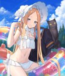  1girl abigail_williams_(fate/grand_order) blonde_hair blue_eyes bonnet bow cat chorefuji cloud commentary_request day eyelashes fate/grand_order fate_(series) innertube long_hair looking_at_viewer mountain navel outdoors parted_lips sky swimsuit teeth tree very_long_hair water white_bow white_headwear white_swimsuit 