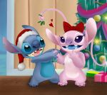  &lt;3 2019 4_fingers 4_toes alien angel_(lilo_and_stitch) antennae_(anatomy) blue_body blue_claws blue_eyes blue_fur blue_nose blue_tongue bow chest_markings christmas christmas_bauble christmas_lights christmas_ornament christmas_tree claws clothing disney duo experiment_(lilo_and_stitch) eyelashes female female_(lore) fingers fur gift hand_holding hat headgear headwear hi_res holidays inside lilo_and_stitch long_antennae male male_(lore) markings mistletoe notched_ear open_mouth open_smile pink_body pink_fur pink_inner_ear pink_tongue plant purple_eyes purple_inner_ear purple_nose redderz romantic_couple santa_hat semi-anthro sharp_teeth signature smile standing stitch_(lilo_and_stitch) teeth toe_claws toes tongue tree white_markings 