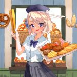  1girl ame. azur_lane baguette beret black_headwear black_skirt blush bow bread breasts collarbone collared_shirt commentary_request doughnut dress_shirt food hand_up hat highres holding holding_tray indoors light_brown_hair looking_at_viewer open_mouth pleated_skirt pretzel purple_bow purple_eyes shirt skirt small_breasts smile solo standing tongs tray white_shirt z23_(azur_lane) 