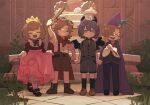  1girl 3boys :d ^_^ ahoge alain_guillotin arm_up belt belt_buckle bib_collar black_bow black_bowtie black_shirt black_shoes black_socks black_wings blush boots bow bowtie brown_belt brown_boots brown_eyes brown_hair brown_shirt brown_shoes brown_shorts buckle bush buttons cape cardboard child closed_eyes closed_mouth collared_cape collared_shirt commentary_request crown demon_horns demon_wings fake_horns fake_wings footwear_bow fountain frilled_shirt_collar frilled_sleeves frills frown genshin_impact goggles goggles_on_head grass grey_shorts grey_vest grin hair_between_eyes hair_over_one_eye happy hat hat_feather high-waist_skirt highres holding holding_own_skirt holding_sword holding_wand holding_weapon horns jakob_ingold juliet_sleeves kneehighs long_skirt long_sleeves looking_at_viewer mary-ann_(genshin_impact) multiple_boys neck_ribbon one_eye_covered open_mouth pants parted_bangs pink_skirt puffy_sleeves purple_cape purple_hair purple_hat purple_pants purple_vest red_cape rene_de_petrichor ribbon shirt shoes short_hair short_sleeves shorts skirt smile socks standing star_(symbol) star_wand suspenders suspenders_slip sword teeth usa_leaf vest wand watermark weapon white_shirt white_socks wing_collar wings wizard_hat wooden_sword yellow_ribbon 