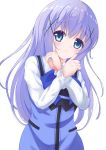  1girl absurdres bangs blue_eyes blue_hair blue_neckwear blue_vest blush collared_shirt eyebrows_visible_through_hair gochuumon_wa_usagi_desu_ka? hair_between_eyes hair_ornament highres index_finger_raised kafuu_chino long_hair long_sleeves looking_at_viewer makoto_(makoto2468) parted_lips rabbit_house_uniform shiny shiny_hair shirt simple_background solo upper_body very_long_hair vest white_background white_shirt wing_collar x_hair_ornament 