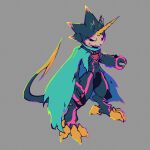  anthro bandai_namco belt black_body black_sclera blue_cape blue_clothing cape claws clothing codpiece digimon digimon_(species) feet gulusgammamon hi_res horn male ridgeone1 solo tail talons toes weapon_tail 