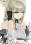  1girl absurdres arknights arknights:_endfield bare_shoulders black_gloves blonde_hair blue_eyes closed_mouth commentary_request gloves grey_jacket grey_shirt hand_on_own_ear highres jacket light_blush long_hair looking_at_viewer off_shoulder omame_meshi partial_commentary perlica_(arknights) shirt simple_background sleeveless sleeveless_shirt smile solo upper_body white_background yellow_pupils 