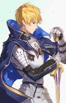  1boy armor armored_dress arthur_pendragon_(fate) blonde_hair blue_cape blue_dress breastplate cape dress excalibur excalibur_(fate/prototype) fantasy-fucker fate/grand_order fate/prototype fate_(series) faulds gauntlets greaves green_eyes hair_between_eyes highres holding holding_sword holding_weapon looking_to_the_side male_focus pauldrons short_hair shoulder_armor simple_background solo sword weapon white_background 