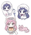 2girls :> :< alternate_costume animal_ears animalization apron aubrey_(faraway)_(omori) aubrey_(headspace)_(omori) aubrey_(omori) barefoot black_eyes blue_bow blue_dress blue_eyes bow bowtie bright_pupils brown_bow brown_bowtie cat cat_ears cat_tail chibi chibi_only closed_mouth commentary_request double-parted_bangs dress dual_persona enmaided extra_ears food frilled_apron frilled_hat frilled_headwear frilled_sleeves frills frown full_body hair_between_eyes hat headdress heart highres holding holding_plate korean_commentary long_dress long_hair long_sleeves looking_at_viewer maid maid_apron maid_headdress mob_cap multiple_girls multiple_views omelet omori pale_skin person_and_animalization pink_cat pink_hair plaid_bow plaid_bowtie plaid_clothes plate puffy_long_sleeves puffy_sleeves purple_hair red_bow red_bowtie shirt sidelocks simple_background smile standing straight_hair tail tareme traditional_bowtie very_long_hair waist_apron white_apron white_background white_hat white_headdress white_pupils white_shirt white_tail wktdms1 
