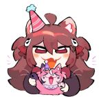  >_< 2girls :3 :d ahchive_be ahoge animal animal_ear_fluff animal_ears animalization birthday black_cardigan bow bowtie broken_heart broken_heart_hair_ornament brown_hair camila_(vtuber) cardigan cat cat_ears chibi chibi_only evil_neuro-sama facial_mark fang flipped_hair hair_between_eyes hair_ornament hair_ribbon heart highres holding holding_animal indie_virtual_youtuber jaggy_lines long_hair long_sleeves looking_at_viewer mini_party_hat multiple_girls neck_ruff no_nose pink_cat red_bow red_bowtie red_eyes red_ribbon ribbon simple_background skull_hair_ornament smile torn_hair_ribbon triangle triangle_facial_mark two_side_up vedal_ai virtual_youtuber white_background 