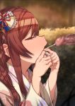  1boy 1girl bangs blush brown_hair censored closed_eyes cum cum_in_mouth cum_on_tongue ejaculation erere eyebrows_behind_hair finger_in_mouth floral_print hair_between_eyes hair_ornament hetero idolmaster idolmaster_shiny_colors japanese_clothes kimono long_hair long_sleeves mosaic_censoring mouth_pull oosaki_amana open_mouth oral_invitation outdoors penis side_ponytail solo_focus swept_bangs tongue tongue_out wide_sleeves yukata 
