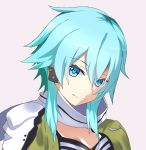  1girl absurdres bangs blue_eyes blue_hair closed_mouth eyebrows_visible_through_hair green_jacket grey_background hair_between_eyes highres jacket oilen0731 portrait scarf shiny shiny_hair short_hair_with_long_locks simple_background sinon smile solo sword_art_online white_scarf 