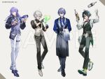  4boys :d ahoge apron bartender black_apron black_gloves black_hair black_pants black_shirt black_shoes black_vest blue_eyes blue_hair blue_shirt blue_streaks bottle boutonniere bow bowtie closed_mouth cocktail cocktail_glass cocktail_shaker collared_shirt copyright_notice cross-laced_shoes cross_tie crossed_bangs cuff_links cup dress drinking_glass dytica_(nijisanji) earrings full_body gloves green_eyes green_hair green_pants green_ribbon green_socks green_streaks green_vest grey_dress grey_hair hair_between_eyes hair_ornament hairclip half_gloves hand_up heterochromia holding holding_bottle holding_cocktail_shaker holding_cup hoshirube_sho inami_rai index_finger_raised jewelry juggling koyanagi_rou lapel_pin lapels lineup long_hair long_sleeves looking_at_viewer male_focus mixing_glass multicolored_eyes multicolored_hair multiple_boys murakumo_kagetsu neck_ribbon necklace necktie nijisanji notched_lapels official_art oxfords pants pinstripe_pants pinstripe_pattern pinstripe_vest pouring purple_eyes purple_hair purple_shoes purple_vest red_bow red_bowtie ribbon sample_watermark shirt shoes short_hair simple_background single_earring sleeve_garter sleeves_rolled_up smile socks standing streaked_hair tailcoat thigh_strap towel towel_on_arm traditional_bowtie two-tone_eyes ueauwa vest virtual_youtuber waist_apron waiter wallet_chain watermark white_background white_gloves white_hair white_necktie white_pants white_shirt white_shoes white_vest wine_bottle 