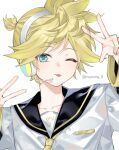  1boy arms_up bass_clef black_sailor_collar blonde_hair blue_eyes collarbone commentary double_v headphones highres kagamine_len male_focus myeong_8 necktie one_eye_closed parted_bangs sailor_collar shirt short_hair solo tongue tongue_out twitter_username upper_body v vocaloid white_background white_shirt yellow_necktie 