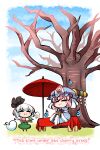  2girls :3 bare_tree black_ribbon blue_hat blue_kimono blue_sky blush chawan chibi closed_eyes commentary_request cup dango english_text food frilled_kimono frills grass green_skirt green_vest hat highres holding holding_cup holding_plate japanese_clothes kashuu_(b-q) kimono konpaku_youmu konpaku_youmu_(ghost) long_sleeves mob_cap multiple_girls oil-paper_umbrella pink_hair plate red_umbrella ribbon rope saigyou_ayakashi saigyouji_yuyuko sanshoku_dango shimenawa short_hair short_sleeves sitting skirt sky smile touhou tree triangular_headpiece umbrella veil vest wagashi white_sleeves white_veil wide_sleeves 