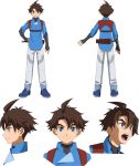  1boy blue_eyes brown_hair character_sheet dagger gundam gundam_build_divers gundam_build_divers_re:rise highres holstered_weapon looking_at_viewer mikami_riku multiple_views official_art open_mouth standing transparent_background weapon 
