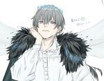  1boy alternate_hair_length alternate_hairstyle arthropod_boy blue_eyes cape commentary_request crown diamond_hairband dragonfly_wings fate/grand_order fate_(series) fur-trimmed_cape fur_trim grey_hair insect_wings long_sleeves looking_at_viewer male_focus oberon_(fate) oberon_(third_ascension)_(fate) sena9639 shirt short_hair simple_background solo upper_body white_background white_shirt wings 