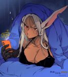  1girl alarm_clock animal_ears bed bed_sheet bedroom black_bra blanket boku_no_hero_academia bra breast_press breasts cellphone cleavage clock collarbone comforter commentary dark-skinned_female dark_skin english_commentary highres holding holding_phone indoors large_breasts long_eyelashes long_hair looking_at_phone lying mirko mirkosimps on_bed on_stomach phone rabbit_ears rabbit_girl red_eyes smartphone solo under_covers underwear waking_up white_hair wrapped_in_blanket 