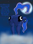 anthro anthrofied ass_up big_breasts big_butt biped blue_body blue_fur blue_skin boman100 both_cutie_marks breasts butt butt_pose dialogue equid equine female female_anthro friendship_is_magic fur hair hands_on_knees hands_on_legs hasbro hi_res horn horse kneeling looking_at_viewer looking_back mammal mane mature_anthro mature_female moon multicolored_hair my_little_pony mythological_creature mythological_equine mythology nude nude_anthro nude_female open_mouth open_smile outdoor_nudity outside pegasus pony pose presenting presenting_hindquarters princess_luna_(mlp) raised_tail rear_view royalty smile smiling_at_viewer solo standing_on_cloud tail talking_to_viewer text unicorn_horn winged_unicorn wings