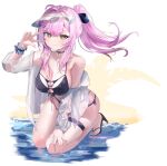  1girl absurdres aemeath_(wuthering_waves) aira_po alternate_costume alternate_hair_length alternate_hairstyle bikini black_bikini black_choker black_sandals breasts choker collarbone commentary_request floating_hair hat high_heel_sandals high_heels highres large_breasts long_hair long_sleeves looking_at_viewer open_clothes open_shirt pink_hair ponytail sandals scrunchie shirt side-tie_bikini_bottom solo swimsuit thigh_strap v visor_cap wading water wet wet_clothes wet_shirt white_hat white_shirt wrist_scrunchie wuthering_waves yellow_eyes 