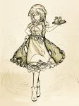  1girl animal_hat animal_print apron boots breasts commentary_request fish_print full_body hat highres holding holding_tray looking_at_viewer medium_breasts medium_hair okunoda_miyoi open_mouth puffy_short_sleeves puffy_sleeves shirt short_sleeves skirt smile solo tokkuri touhou traditional_media tray waist_apron whale_hat whale_print wu_yu_wanwan 