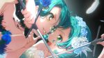  2girls aqua_hair bang_dream! bangs bare_shoulders battle blue_flower braid chin_hold choker clash close-up duel eye_contact face feathers flower gem green_eyes grin hair_flower hair_ornament hairband highres hikawa_hina hikawa_sayo holding holding_sword holding_weapon izu_(izzzzz27) jewelry lace lace_choker lips long_hair looking_at_another multiple_girls necklace open_mouth short_hair siblings side_braid sisters smile strapless sword twin_braids twins weapon white_flower 