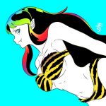  1girl absurdres alien animal_print aobito_sukayaka_bystander black_hair blue_eyes breasts fang from_side highres looking_back lum medium_breasts multicolored_hair ranbow_hair solo tiger_print urusei_yatsura 