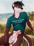 2025 anthro arm_tuft artist_logo ball_tuft balls beach black_hair black_nose blue_eyes blue_highlights bottomless brown_body brown_fur clothed clothing countershading dated elbow_tuft erection eyewear fur genitals glasses green_clothing green_shirt green_t-shirt green_topwear grey_sky hair hi_res highlights_(coloring) humanoid_genitalia humanoid_penis inner_ear_fluff logo looking_aside male male_anthro mammal masteq mouth_closed mustelid on_ground otter pantsless_male penis precum_bubble print_clothing print_shirt print_t-shirt print_topwear rectangular_glasses sea shaded shirt shirt_only short_hair sitting sitting_on_ground sky slim_male solo t-shirt t-shirt_only text text_on_clothing tongue tongue_out topwear topwear_only tuft ventkazemaru water whisker_spots whiskers white_body white_fur white_inner_ear_fluff