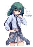  1girl alternate_costume black_neckwear blue_eyes blue_shirt blush collared_shirt dated eyepatch green_hair hair_between_eyes kantai_collection kiso_(kantai_collection) long_sleeves mouth_hold necktie odawara_hakone plaid plaid_skirt pleated_skirt shirt short_hair simple_background skirt solo twitter_username white_background 