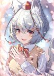  1girl :d absurdres animal_ear_fluff animal_ears artist_name bow bowtie brown_sweater_vest cherry_blossoms collared_shirt commentary_request falling_petals fox_ears fox_tail grey_hair hair_ornament hairclip hands_up hat highres inubashiri_momiji long_sleeves looking_at_viewer mild_pitch open_mouth petals pink_petals red_bow red_bowtie red_eyes red_hat school_uniform shirt short_hair sleeve_cuffs smile solo spring_(season) steepled_fingers sweater_vest tail teeth tokin_hat touhou upper_body vest 