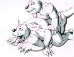  animal_skin anthro claws digimon digimon_(species) duo eyelashes fingers fur gabumon horn male male/male marc_leonhardt monochrome open_mouth red_eyes reptile scalie sex sharp_teeth spikes teeth tongue tongue_out 