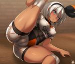  1girl abs ass black_hairband blue_eyes blush breasts cameltoe commentary_request covered_nipples dark_skin grey_hair gym_leader hairband highres jmg knee_pads kneepits leg_up lying medium_breasts nose_blush on_side pokemon pokemon_(game) pokemon_swsh print_shirt print_shorts saitou_(pokemon) shirt short_hair shorts side-tie_shirt solo sweat thick_thighs thighs 