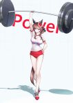  1girl animal_ears arm_up barbell blush braid braided_hair_rings breasts brown_hair buruma closed_mouth commentary_request ear_covers ear_ornament exercising gentildonna_(umamusume) gym_shirt hair_between_eyes hair_ornament hair_rings hand_on_own_hip heart-shaped_ornament heart_ear_ornament highres horse_ears horse_girl horse_tail large_breasts long_hair red_eyes red_shoes shirt shoes short_sleeves solo strong tail tracen_training_uniform umamusume weightlifting white_shirt yuki6238 