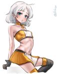  1girl absurdres bandeau bare_shoulders black_gloves black_thighhighs blue_eyes breasts choker commentary_request gloves highres invisible_chair kantai_collection lilshigu midriff multicolored_bandeau natsugumo_(kancolle) natsugumo_(race_queen)_(kancolle) navel one-hour_drawing_challenge orange_bandeau orange_choker orange_skirt orange_tube_top race_queen short_hair simple_background sitting skirt small_breasts solo strapless thighhighs tube_top twitter_username two-tone_bandeau two-tone_skirt two-tone_tube_top white_background white_hair 