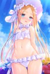  1girl abigail_williams_(fate/grand_order) abigail_williams_(swimsuit_foreigner)_(fate) bangs bare_shoulders bikini blonde_hair blue_eyes blue_sky blush bonnet bow breasts fate/grand_order fate_(series) forehead hair_bow highres innertube long_hair looking_at_viewer miniskirt navel open_mouth parted_bangs sidelocks skirt sky small_breasts smile sunlight swimsuit thighs tomo_(user_hes4085) twintails very_long_hair white_bikini white_bow white_headwear 