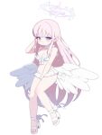  1girl absurdres angel_wings bare_shoulders between_legs bikini blue_archive breasts choker cleavage commentary deformed english_commentary feathered_wings frilled_bikini frills gradient_halo halo hand_between_legs hand_in_own_hair highres long_hair looking_at_viewer low_wings medium_breasts mika_(blue_archive) mika_(swimsuit)_(blue_archive) monster_l_(hochihochiha) multicolored_halo navel official_alternate_hairstyle pink_hair pink_halo platform_sandals sandals simple_background solo swimsuit thick_thighs thighs toes white_background white_bikini white_choker white_sandals white_wings wings yellow_eyes 