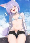  1girl absurdres alternate_hair_length alternate_hairstyle animal_ear_fluff animal_ears bikini bikini_under_clothes black-shorts black_choker blue_bikini blue_eyes breasts choker collared_shirt commentary_request cowboy_shot fang fox_ears fox_girl fox_tail halterneck head_tilt heterochromia highleg highleg_bikini highres korean_commentary long_sleeves looking_at_viewer navel o-ring o-ring_bikini o-ring_choker oldsickkim open_clothes open_fly open_mouth open_shirt orange_eyes purple_hair shirt short_hair short_shorts shorts small_breasts smile smug solo stellive stomach string_bikini swimsuit tail tenko_shibuki thighs wet wet_clothes wet_shirt white_shirt 