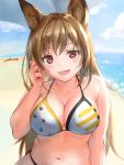  1girl :d animal_ears arknights bangs bare_arms bare_shoulders beach blue_sky blush breasts brown_hair ceobe_(arknights) cleavage cloud commentary_request day eyebrows_visible_through_hair fang highres large_breasts long_hair looking_at_viewer navel ocean open_mouth partial_commentary red_eyes sky smile solo stomach upper_body water yukinoshiro 